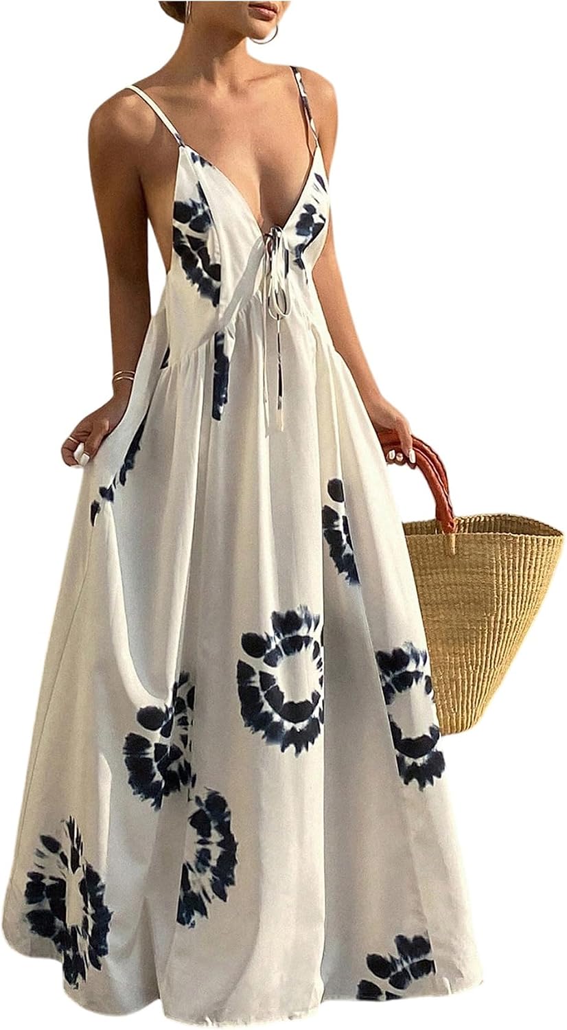 SOLY HUX Women's Boho Floral Print Backless Maxi Dress Tie Front Deep V Neck Sleeveless A Line Flowy Dresses