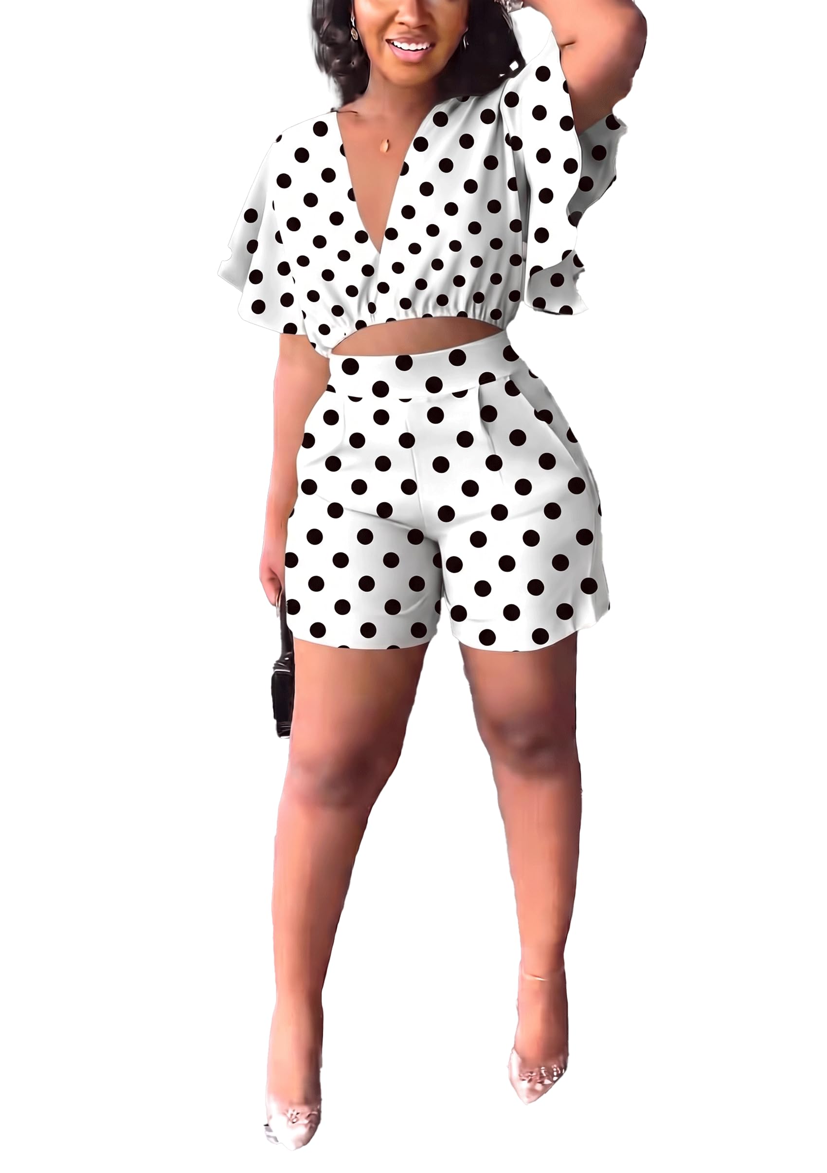 Womens Summer Two Piece Shorts Outfit Sexy Crop Top Butterfly Sleeve 2 pc Short Set Vacation Brunch Matching Set