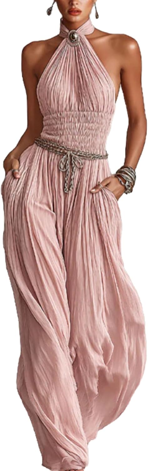 Wuitrie Women's Boho Halter Jumpsuit Pink Shirred Waist Wide Leg Pant Romper Vacation Party Outfits