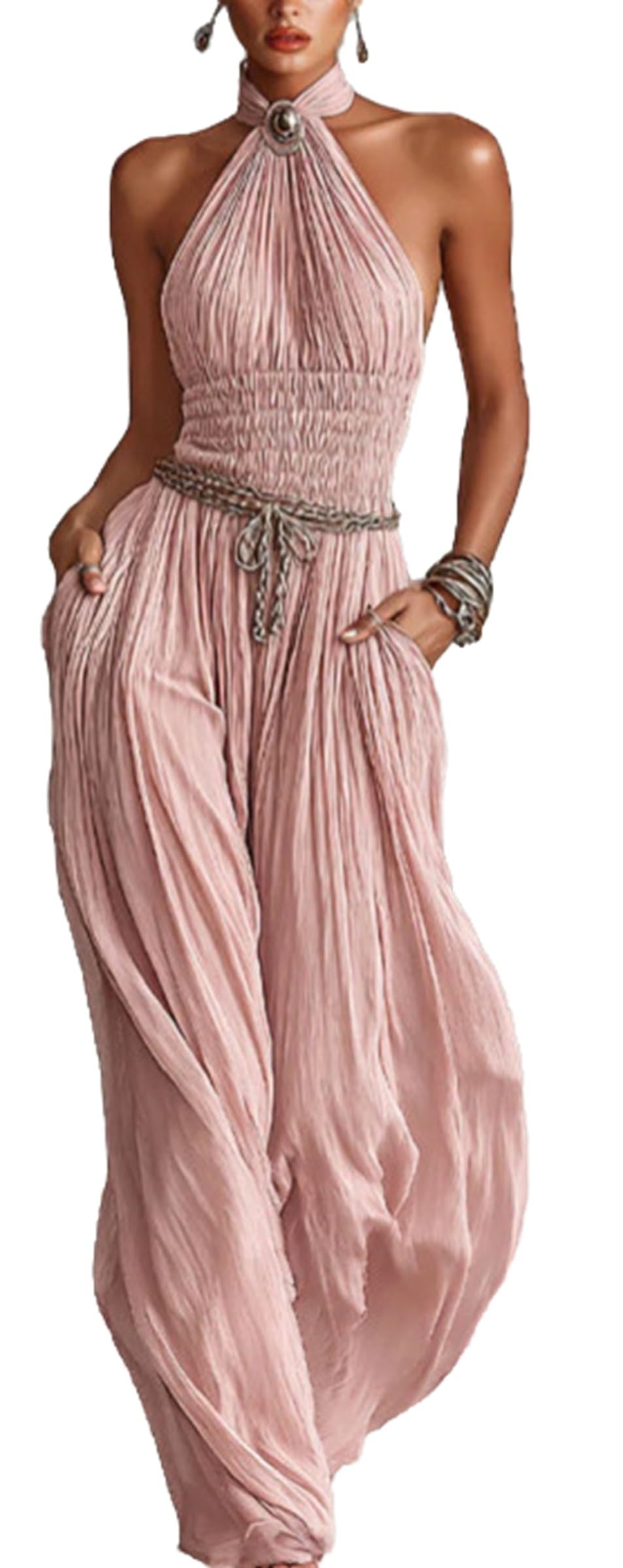 Wuitrie Women's Boho Halter Jumpsuit Pink Shirred Waist Wide Leg Pant Romper Vacation Party Outfits