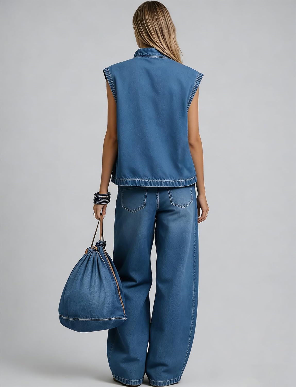 VOIKERDR Women's Denim Set Sleeveless Top and Wide Leg Jeans Vintage Sexy Y2k Outfits Streetwear