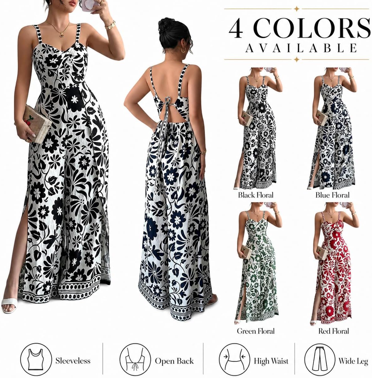 Women's Floral Wide Leg Jumpsuit Sleeveless Backless Side Slit Romper | Women's Floral Wide Leg Jumpsuit, Sleeveless Backless Slub-Textured Romper with Side Slits for Summer Beach Vacation