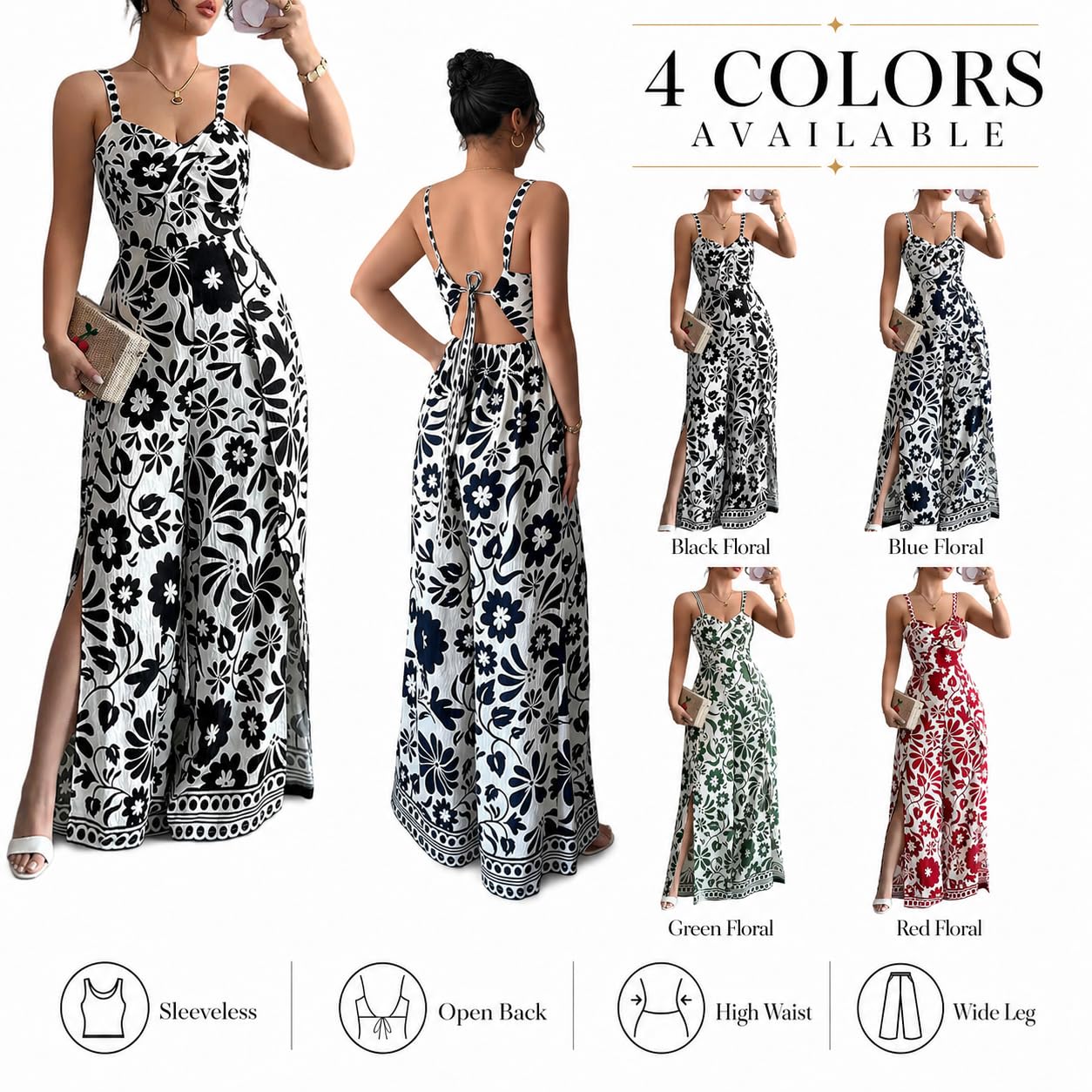 Women's Floral Wide Leg Jumpsuit Sleeveless Backless Side Slit Romper | Women's Floral Wide Leg Jumpsuit, Sleeveless Backless Slub-Textured Romper with Side Slits for Summer Beach Vacation