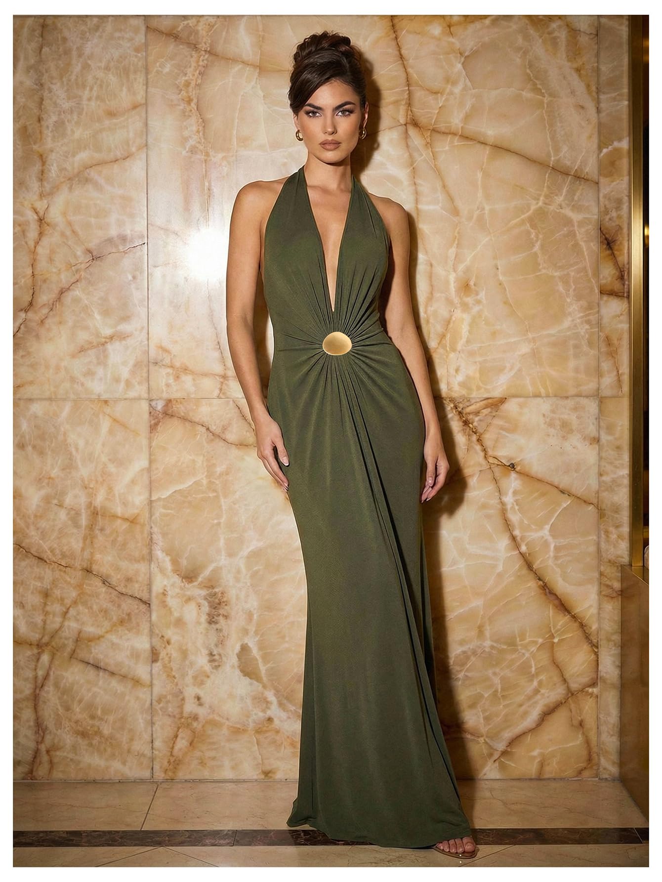 OYOANGLE Women's Halter Maxi Dress Deep V Neck Sexy Wedding Guest Dresses | Cocktail Dress, Formal Dresses, Beach Dress, Vacation Dress, Date Night Long Dress, Backless
