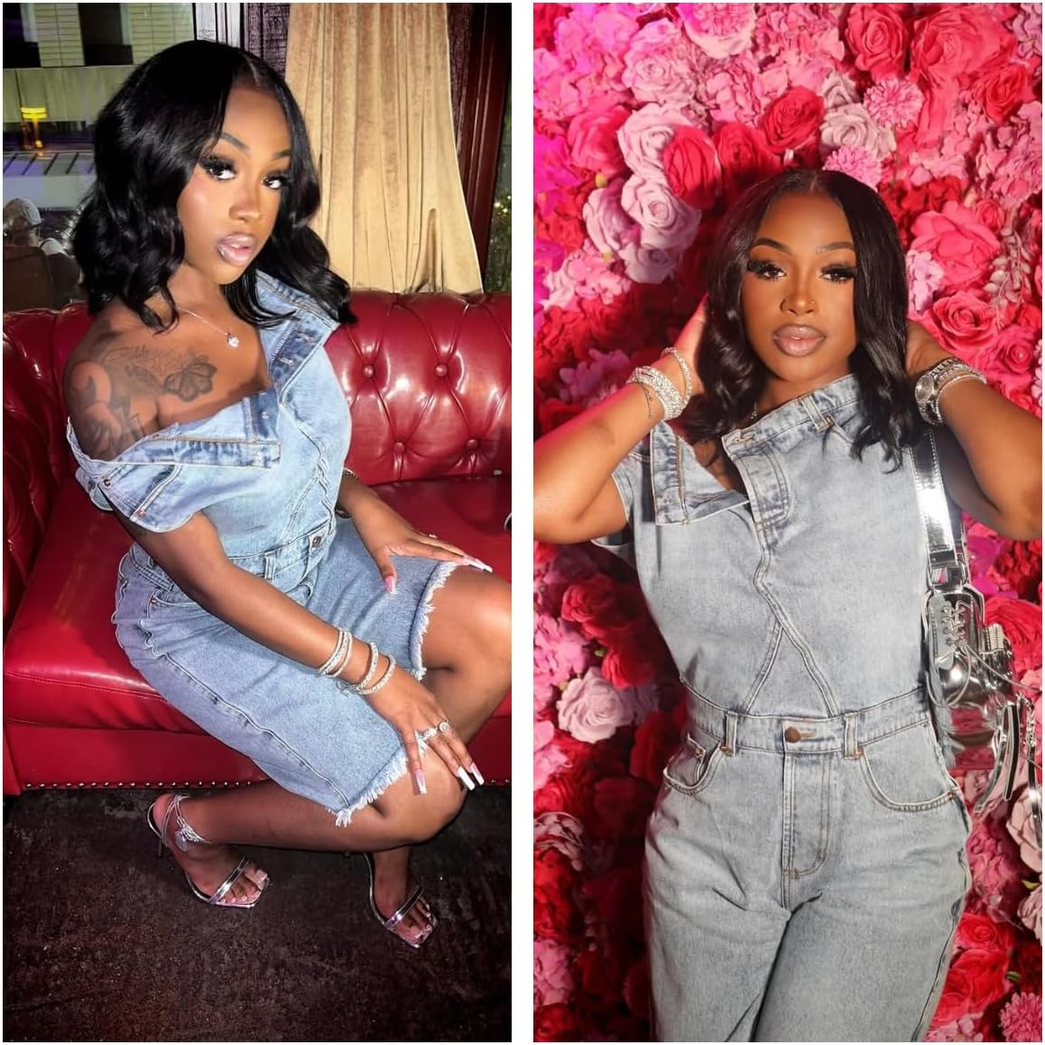 Molilove Women’s Denim Romper Sexy Off Shoulder Shorts Jean Jumpsuit Stretchy Y2K Bodycon Denim One Piece Outfits with Pocket