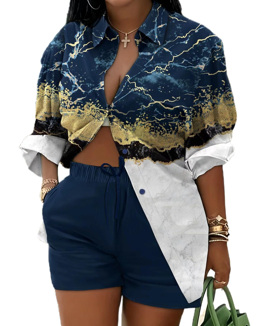 Mandonce 2 Piece Outfits for Women Long Sleeve Printed Shirt and Elastic Lace-Up Shorts with Pockets Beach Vacation Clothes