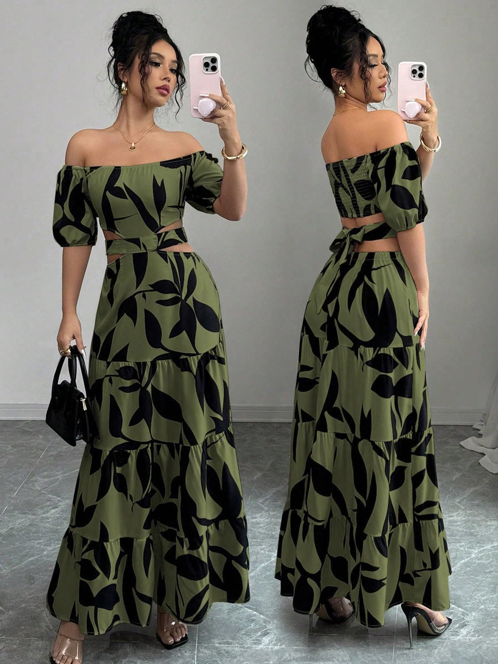 Women's Boho Off The Shoulder Short Sleeve Maxi Dresses Casual Summer Tiered Ruffle Swing Cut Out Flowy Dress