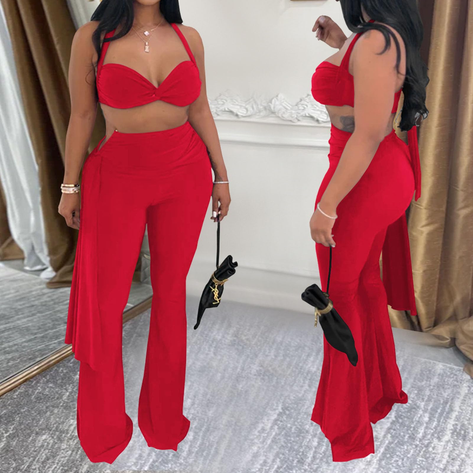 Women's Two Piece Outfits Crop Top and Flare Pants Set Club Going Out | Crop Top, Flare Pants Set, Going Out Sets, Two Piece Sets for Women Going Out, Two Piece Concert Outfits, Sexy Club Outfits