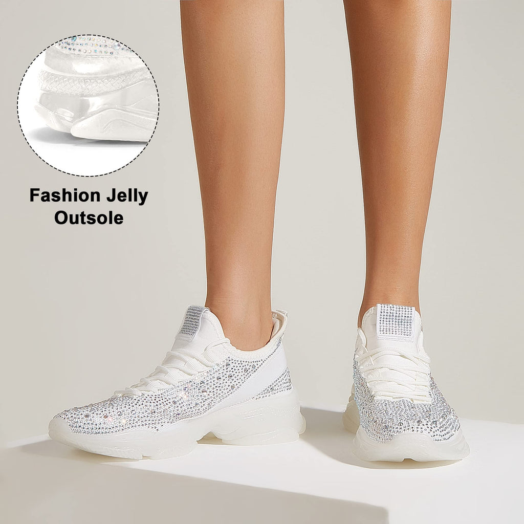 BELOS Women Rhinestone Mesh Slip On Walking Shoes | Fashion Breathable Spakle Glitter Sneaker