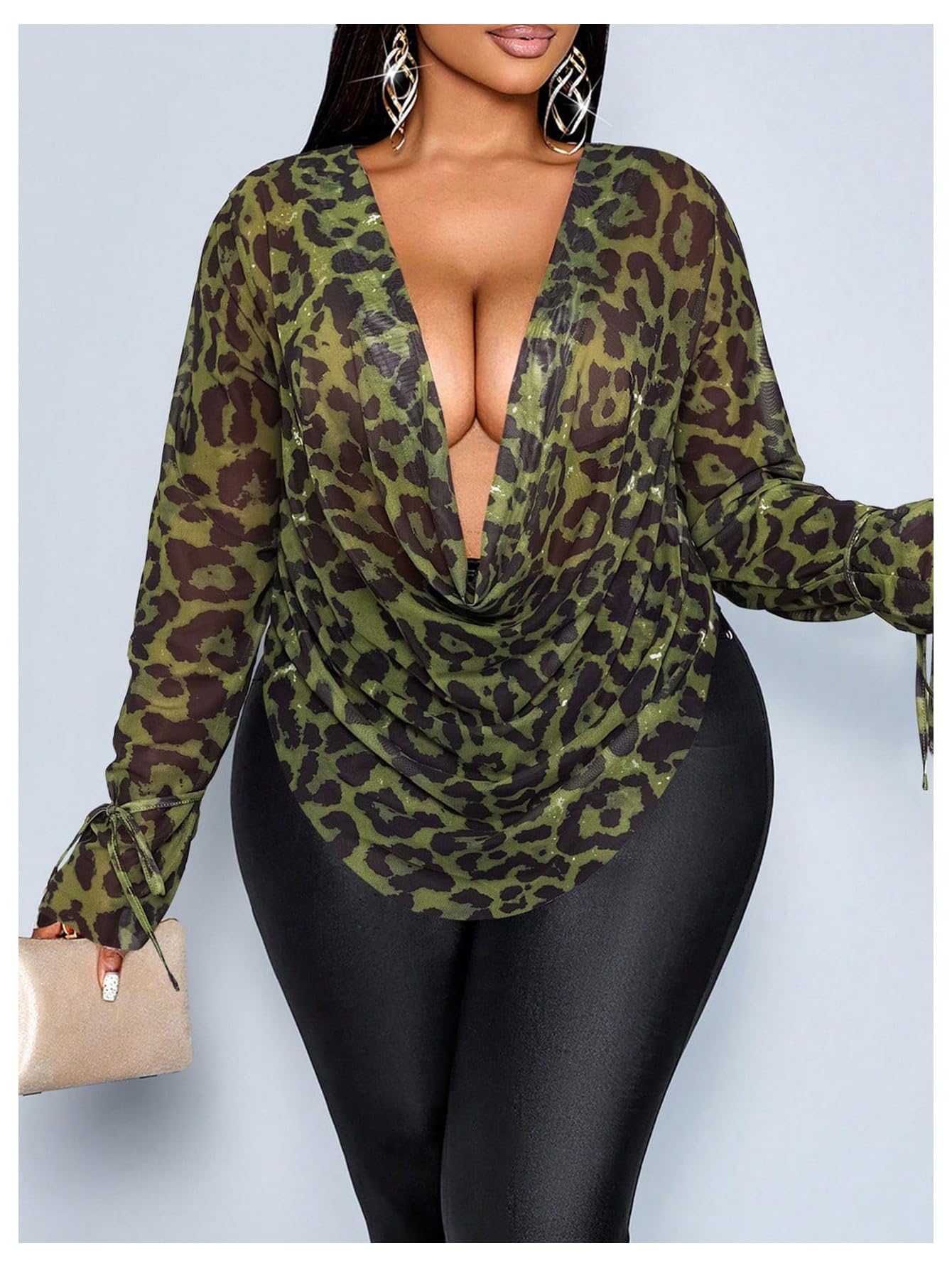 RoseSeek Women's Plus Size Cheetah Long Sleeve Top Club Night Out Tops | Draped Front, V Neck, Y2K, Club Night Out Tops