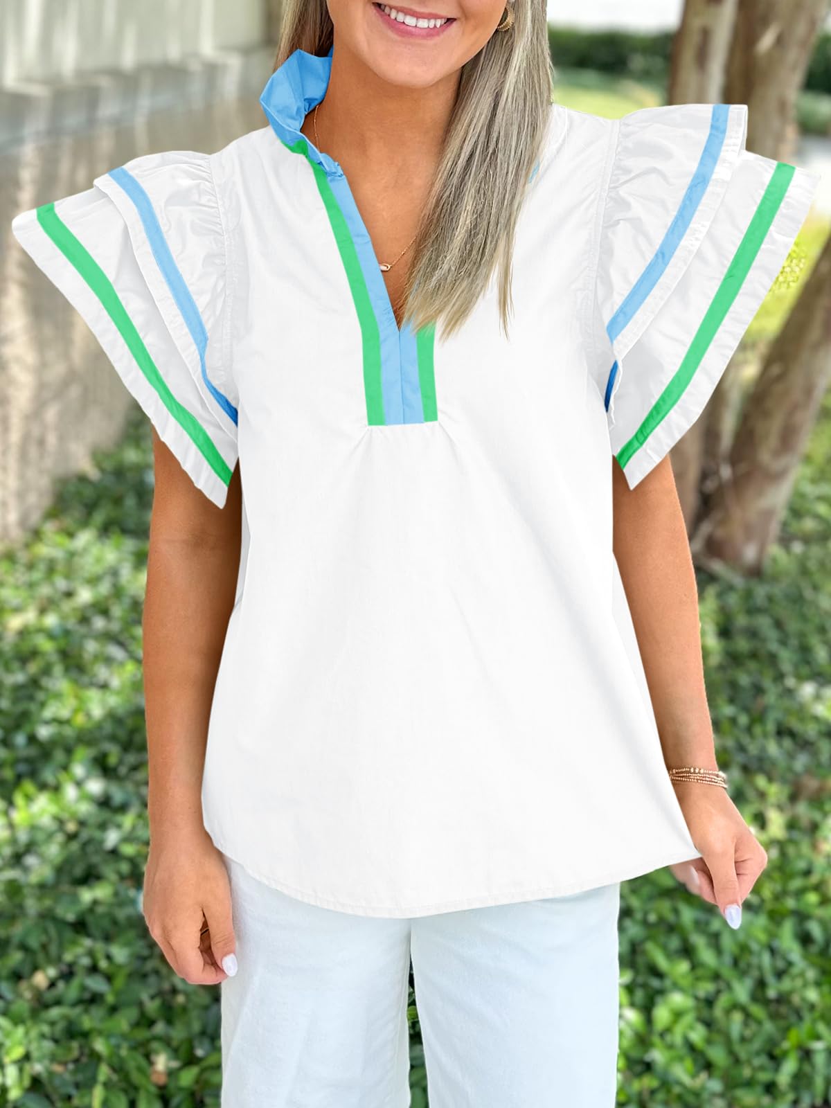 Cicy Bell Womens Ruffle Cap Sleeve Tops Summer V Neck Dressy Casual Blouses | Color Block, Boutique Tops, Pleated Shirt, Loose Fit, Wear to Work, 2026 Fall Outfits