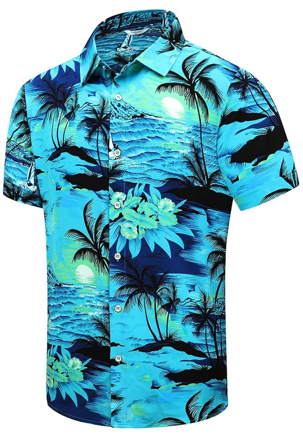 SheLucki Hawaiian Shirt for Men, Unisex Summer Beach Casual Short Sleeve Button Down Shirts, Printed Palmshadow Clothing