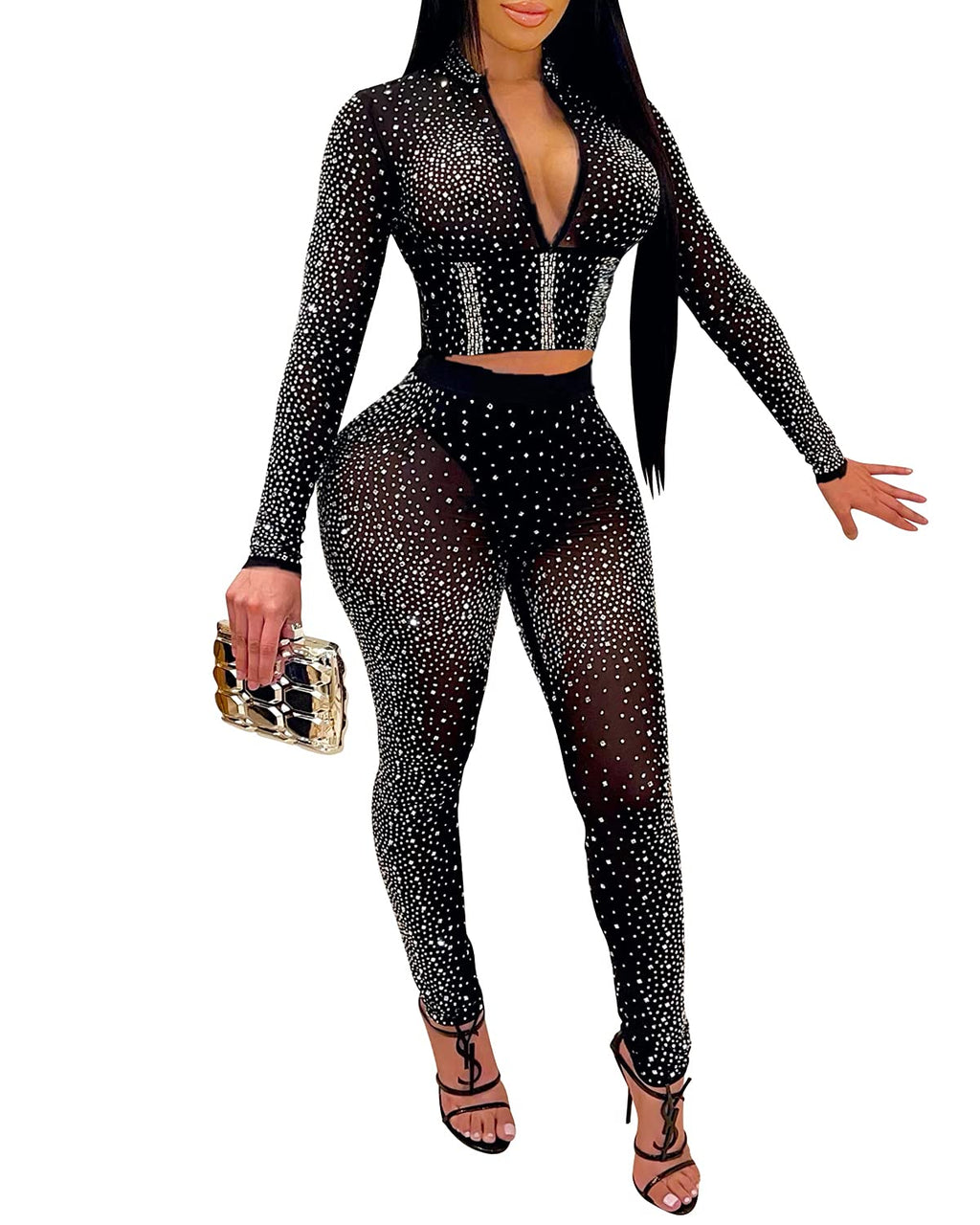 PORRCEY Sexy Rhinestone Jumpsuit for Women Mesh See Through Romper Clubwear