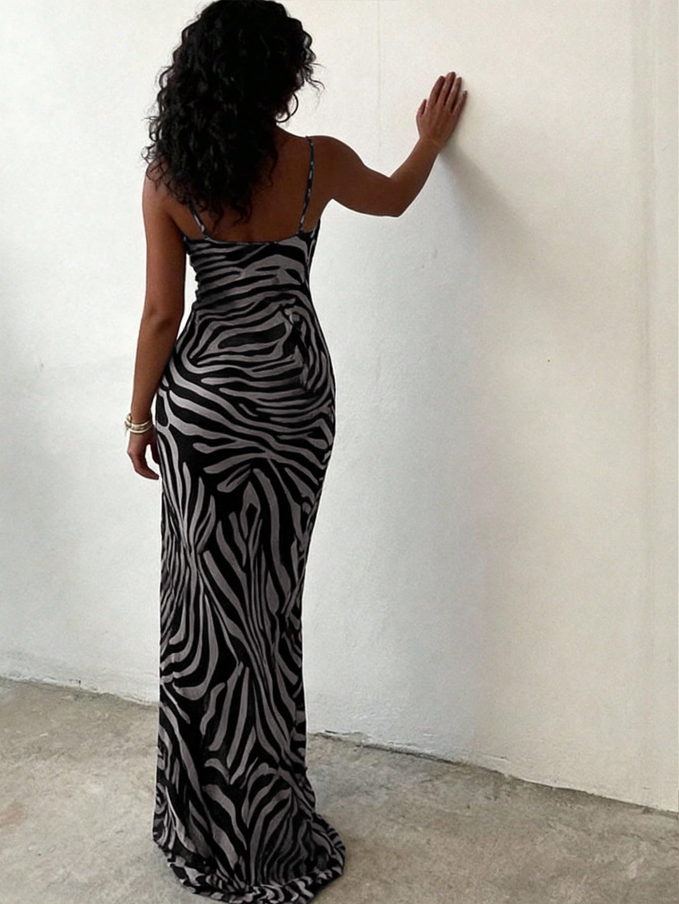 OYOANGLE Women's Zebra Spaghetti Strap Maxi Dresses Cowl Neck Bodycon Dress | Zebra Print, Spaghetti Strap, Maxi Dresses, Sleeveless, Cowl Neck, Formal Bodycon Dress