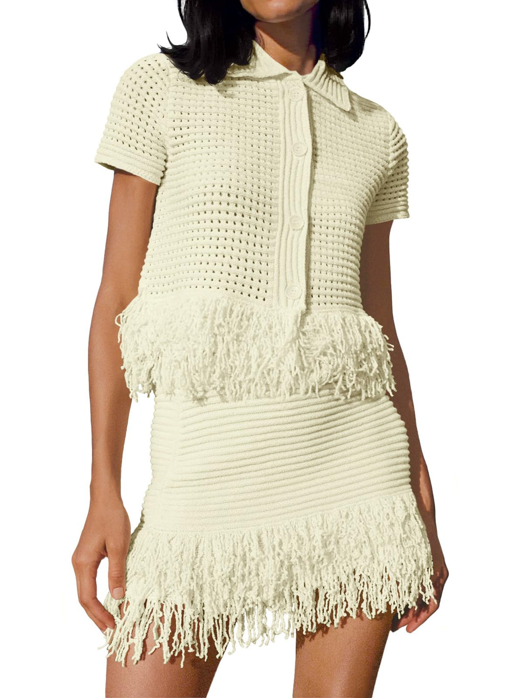 Fisoew Womens 2 Piece Outfits Crochet Short Sleeve Button Knit Sweater Tops and Fringe Skirt Vacation Sets