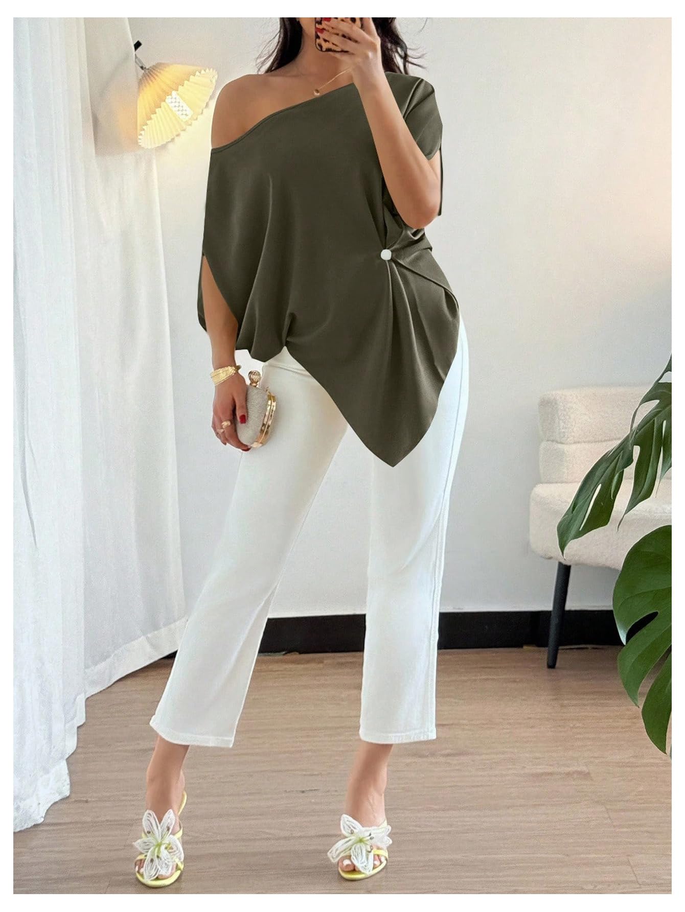 SHENHE Women's Off Shoulder Dolman Sleeve Blouses Asymmetrical Flowy Tops | Casual, Loose, Blouses With Waist Pleats, Asymmetrical, Elegant