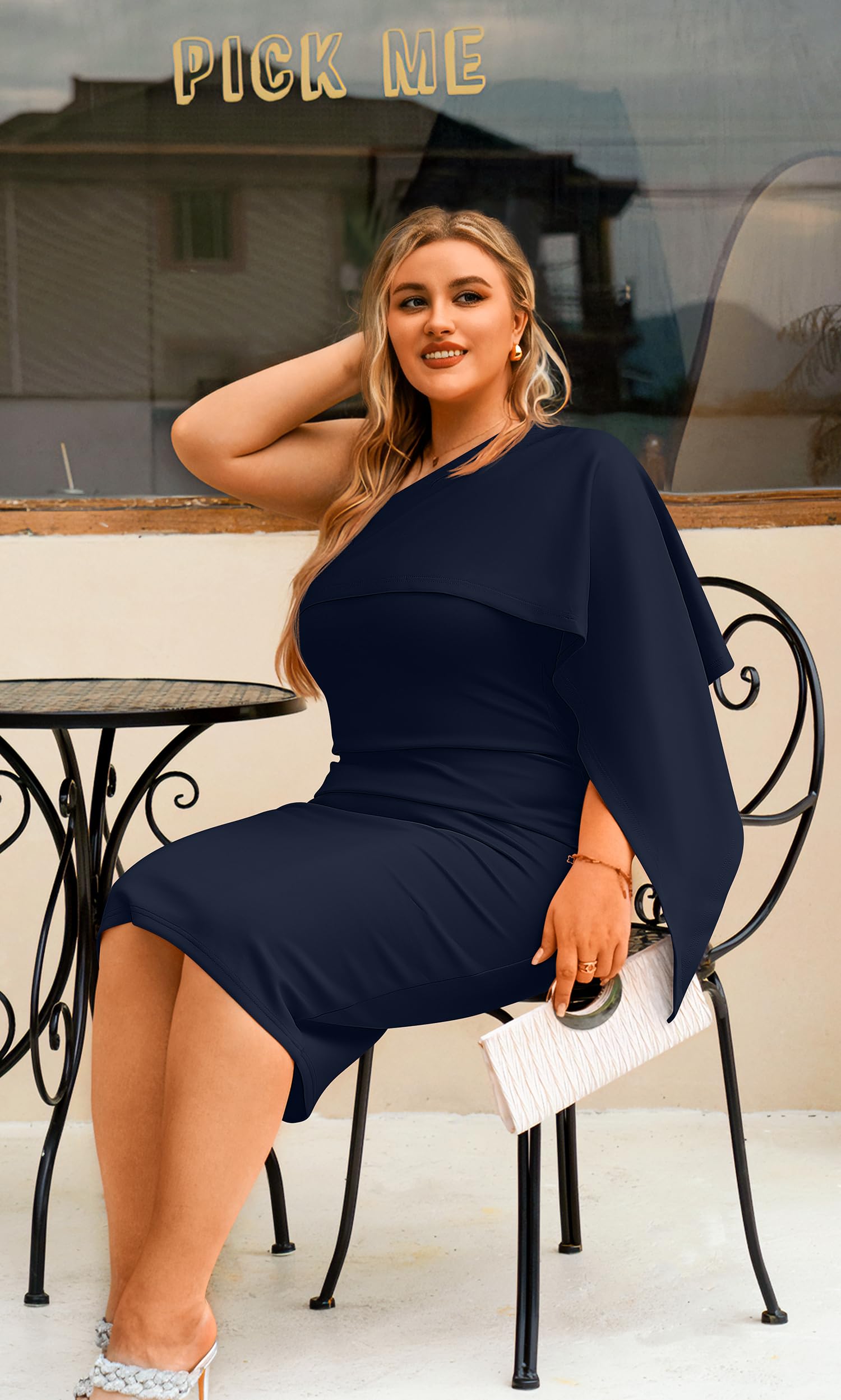 GOBLES Women's Asymmetrical One Shoulder Cape Bodycon Midi Dress | Elegant, Party, Cocktail