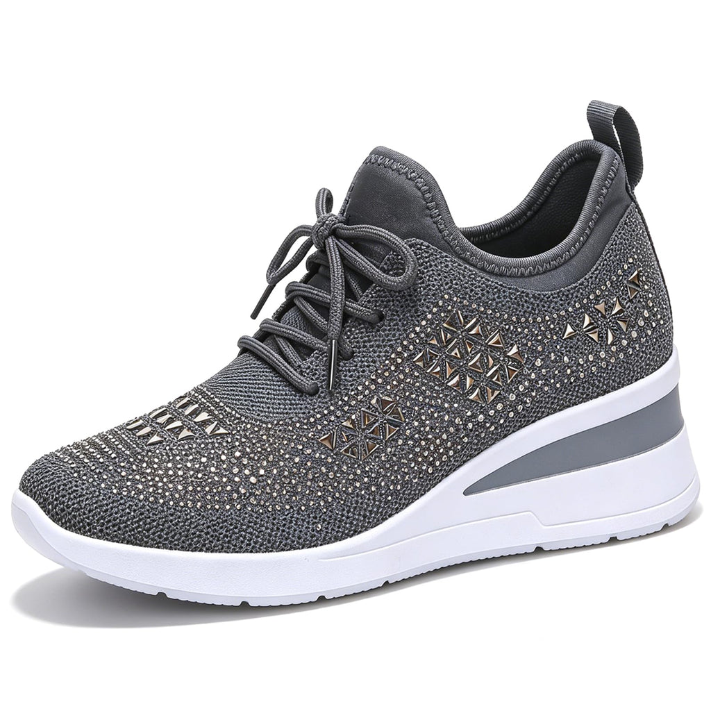 Glitter Rhinestone Wedge Sneakers with Lace-Up for Women Fashion Shiny Sequin Comfort Orthopedic Breathable Mesh Round Toe Soft Sole Tennis Walking Shoes
