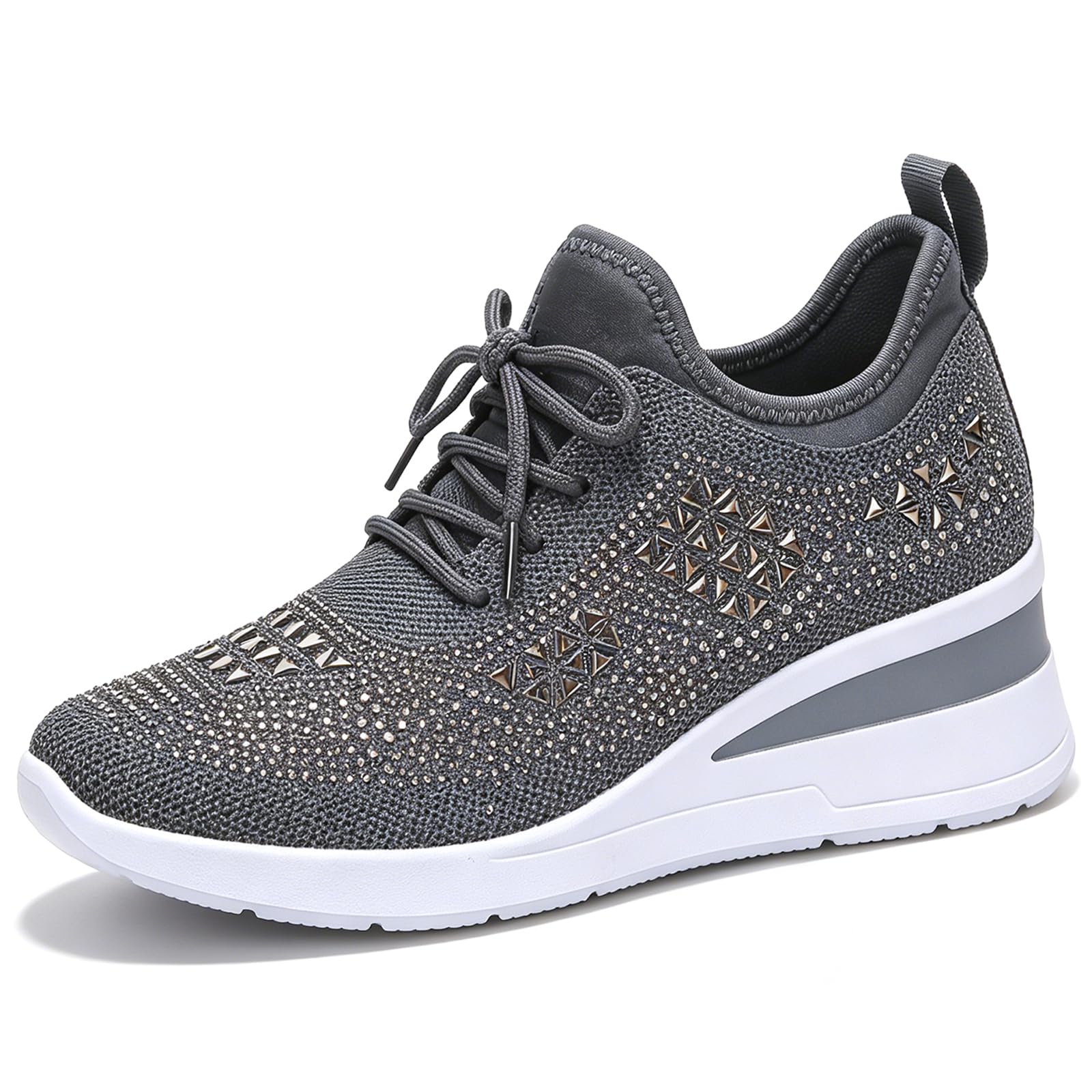 Glitter Rhinestone Wedge Sneakers with Lace-Up for Women Fashion Shiny Sequin Comfort Orthopedic Breathable Mesh Round Toe Soft Sole Tennis Walking Shoes