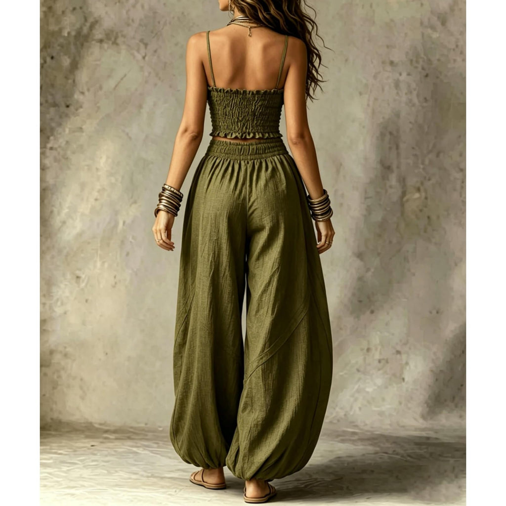 2 Piece Outfit for Women Sleeveless Crop Top and Wide Leg Pants Set Summer Loose Smocked Casual Beach Matching Sets