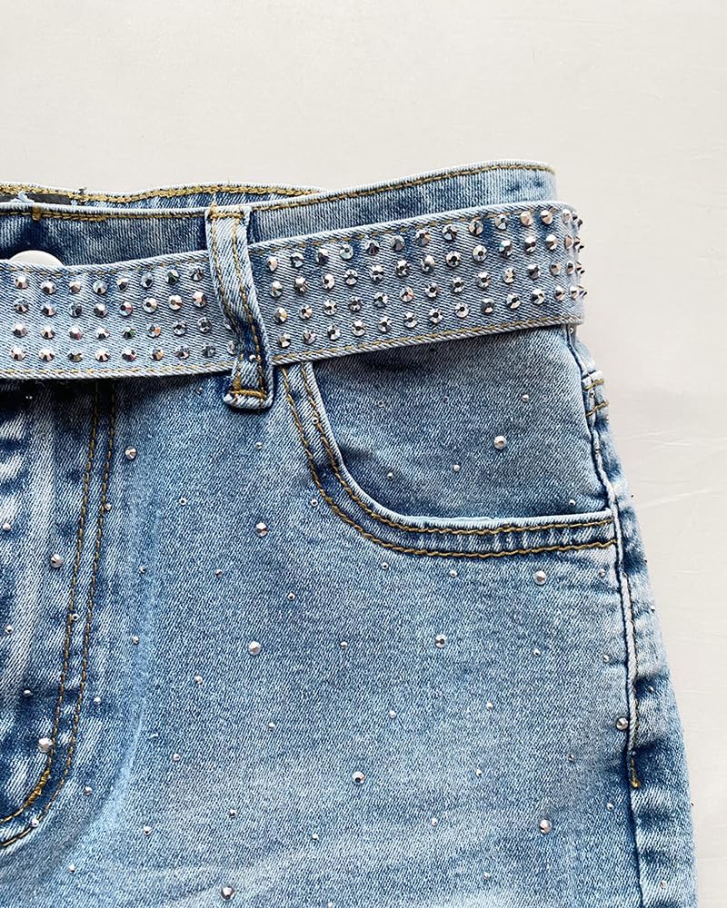CHICME High Waisted Wide Leg Jeans for Women Rhinestone Embellished Denim Pants with Matching Sparkle Belt
