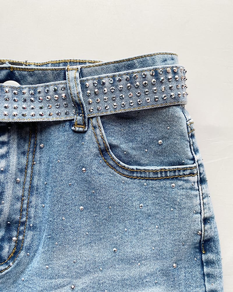 CHICME High Waisted Wide Leg Jeans for Women Rhinestone Embellished Denim Pants with Matching Sparkle Belt