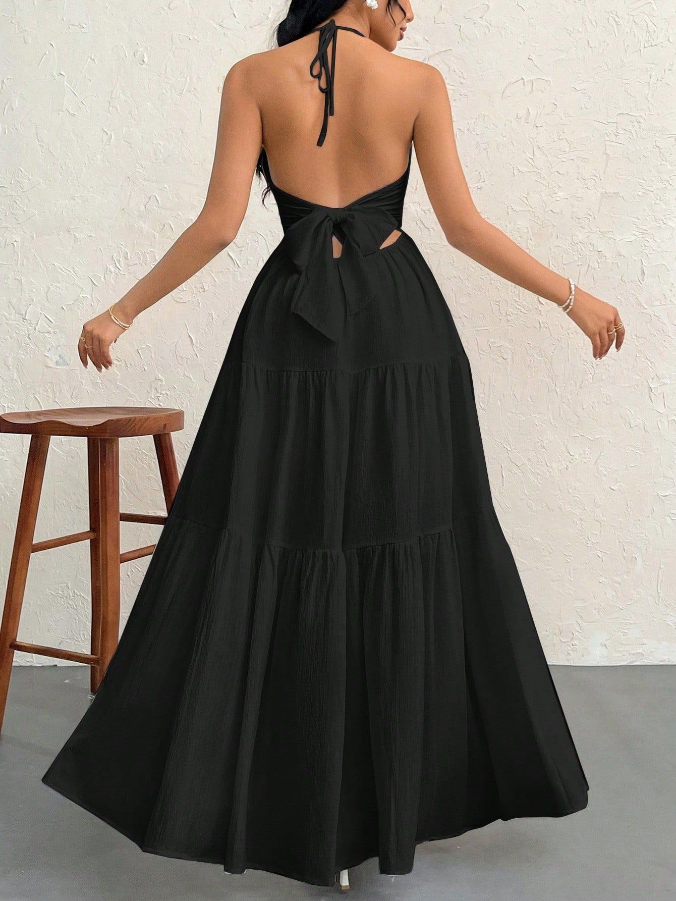 Narecte Women's Maxi Summer Dresses Halter V Neck Beach Dresses for Women A-Line Casual Dress for Vacation