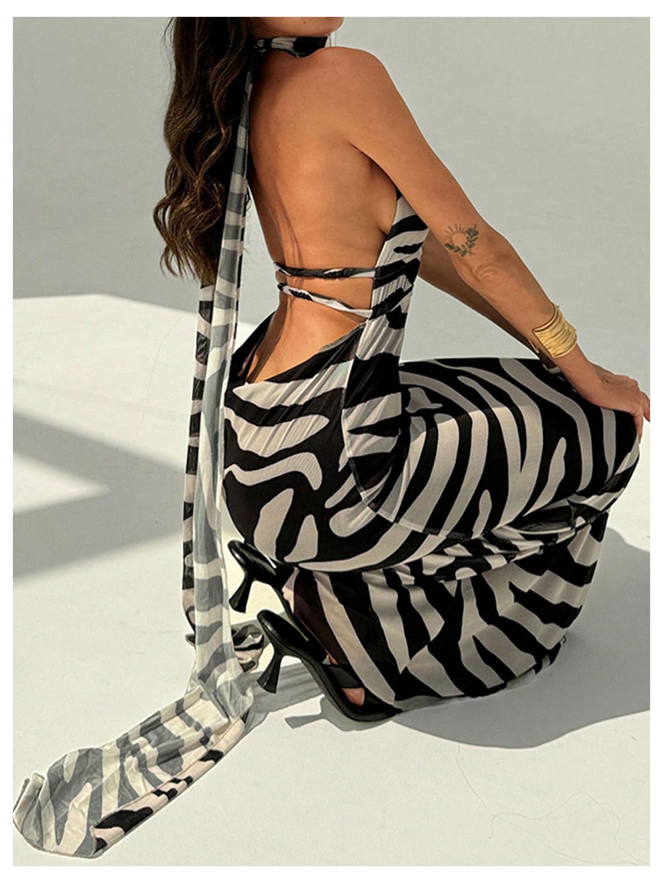 OYOANGLE Women's Zebra Striped Backless Maxi Dress Deep V Neck Halter Dress | Zebra Print, Striped, Backless, Maxi Dresses, Deep V Neck, Halter, Fishtail Dress with Scarf