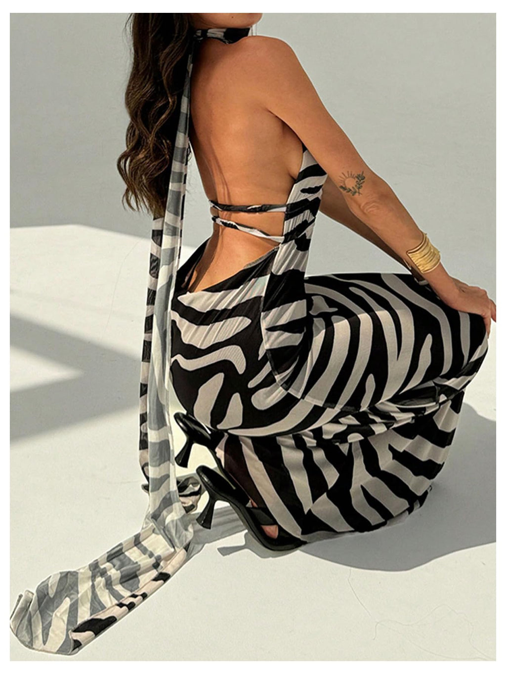 OYOANGLE Women's Zebra Striped Backless Maxi Dress Deep V Neck Halter Dress | Zebra Print, Striped, Backless, Maxi Dresses, Deep V Neck, Halter, Fishtail Dress with Scarf