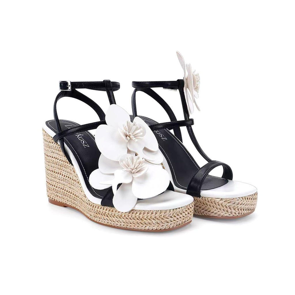 LACIKOS Flowers Wedge Sandals For Women Strappy Raffia Platform Heels | Comfortable Open Toe Espadrilles Casual Ankle Wrap Beach Vacation Wedding