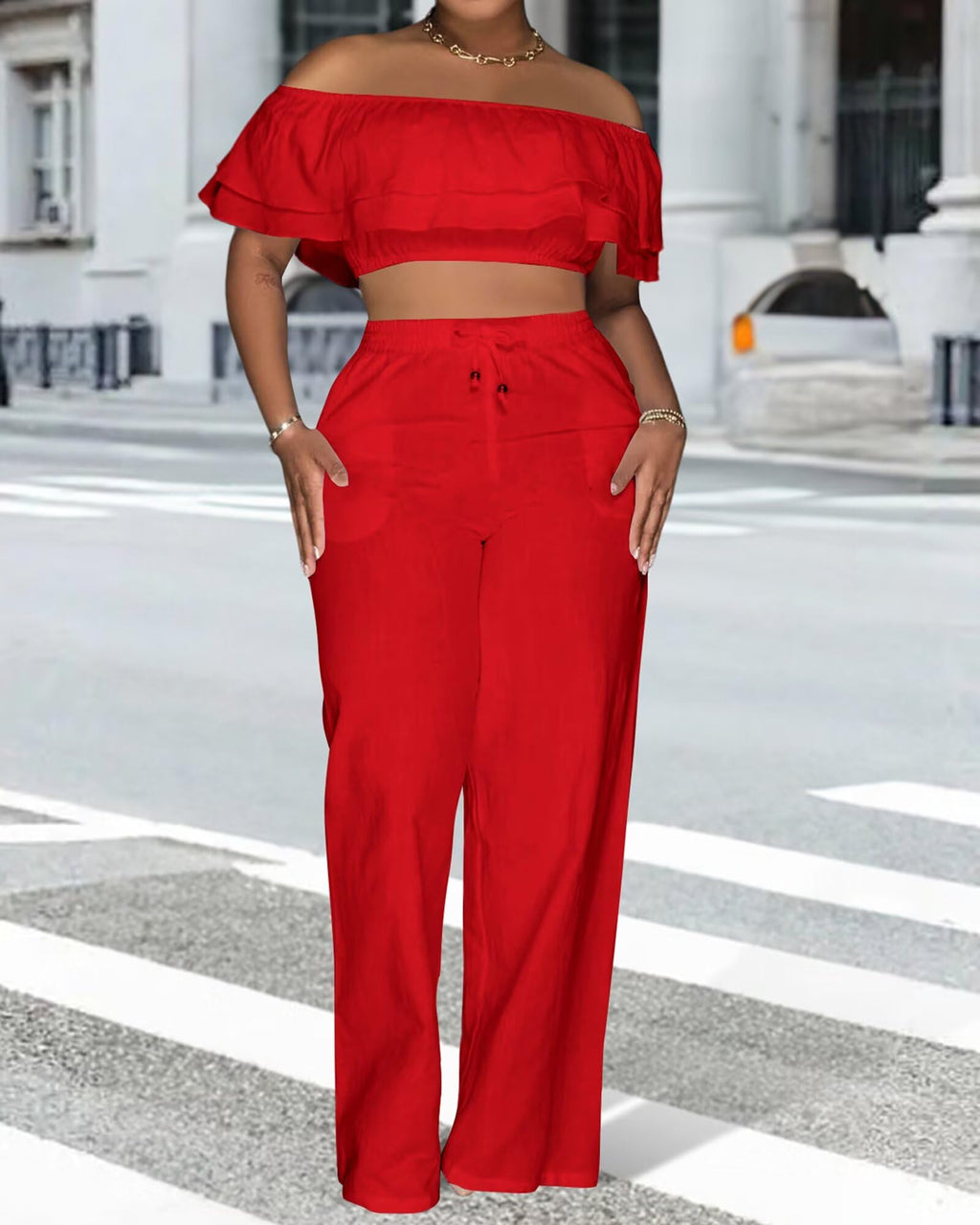 Adogirl 2 Piece Outfits for Women Ruffle Trim Crop Top Wide Leg Pants Set | 2 Piece Sets, Outfit for Women, Off Shoulder, Short Sleeve, Wide Leg Pants with Pockets, Sexy Outfits, Vacation Outfits