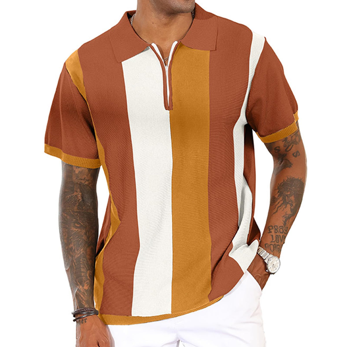 CTU Mens Casual Polo Shirts Vintage Striped Knit Golf Shirts Slim Fit Tops | Fashion,Pullover Dress Shirts,Collared with Zipper,Short Sleeve,Color Blocking,Suit for Daily Casual,Business,Work,Golf