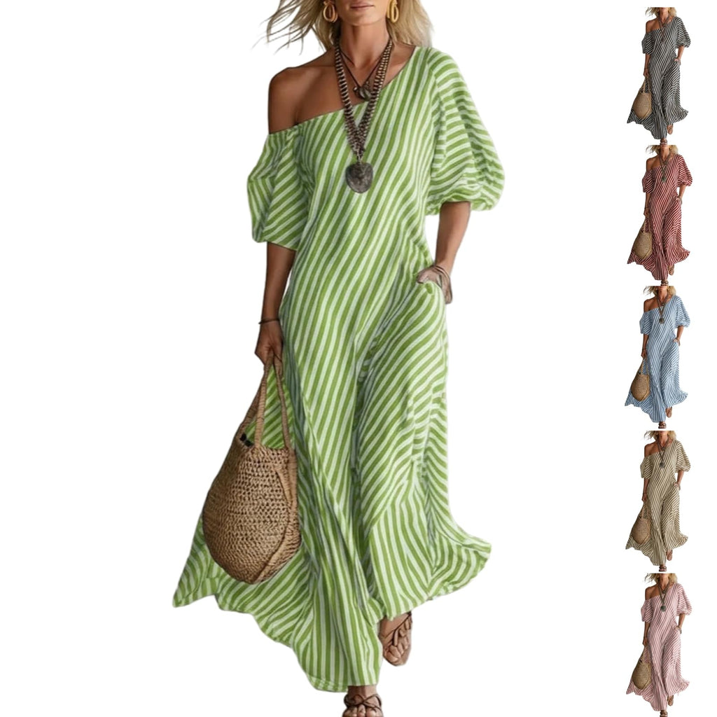 Women's Elegant and Classic Striped Off-Shoulder Maxi Dress,Summer Flutter Short Sleeve One Shoulder Loose Flowy Long Dress