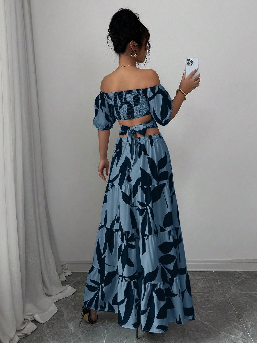 Women's Boho Off The Shoulder Short Sleeve Maxi Dresses Casual Summer Tiered Ruffle Swing Cut Out Flowy Dress