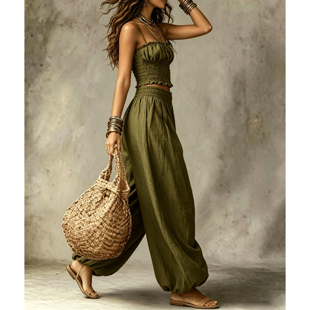 2 Piece Outfit for Women Sleeveless Crop Top and Wide Leg Pants Set Summer Loose Smocked Casual Beach Matching Sets