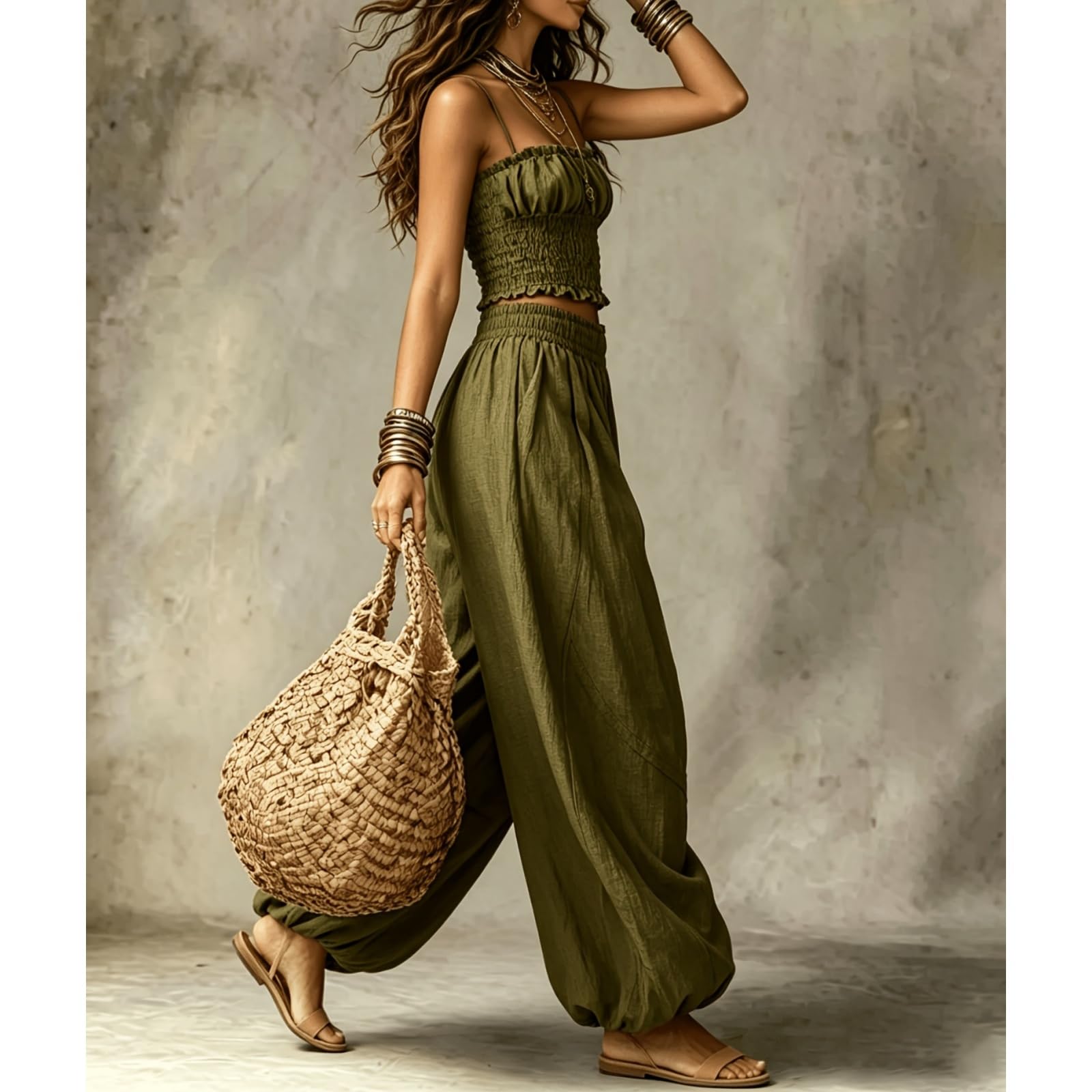 2 Piece Outfit for Women Sleeveless Crop Top and Wide Leg Pants Set Summer Loose Smocked Casual Beach Matching Sets
