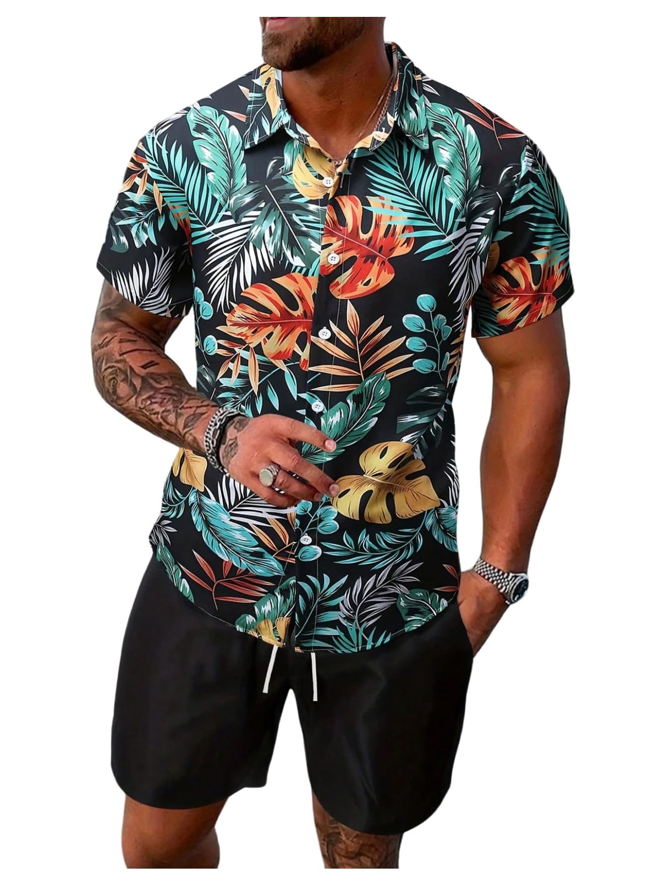 GORGLITTER Men's Cruise Rave Vacation Matching Outfits 2 Piece Short Sets | Mens Summer Beach Outfits, 2 Piece Shorts Set, Couples Travel Outfits, Hawaiian Shirts