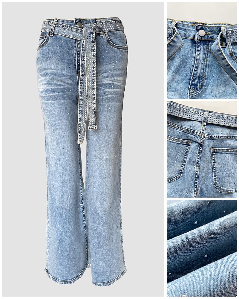 CHICME High Waisted Wide Leg Jeans for Women Rhinestone Embellished Denim Pants with Matching Sparkle Belt
