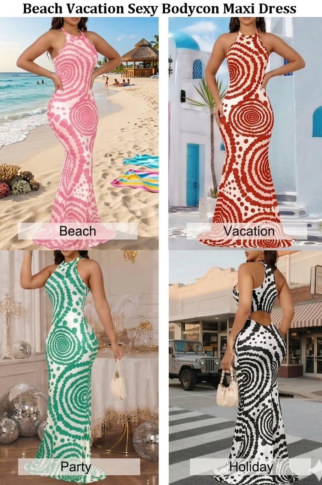 EDITCOZY Women Sexy Bodycon Maxi Dress Beach Backless Vacation Sundress | Tie Dye, Halter, Sleeveless, Open Back Cut Out, Long Mermaid Dresses, Summer, Birthday Party, Going Out, Date Night
