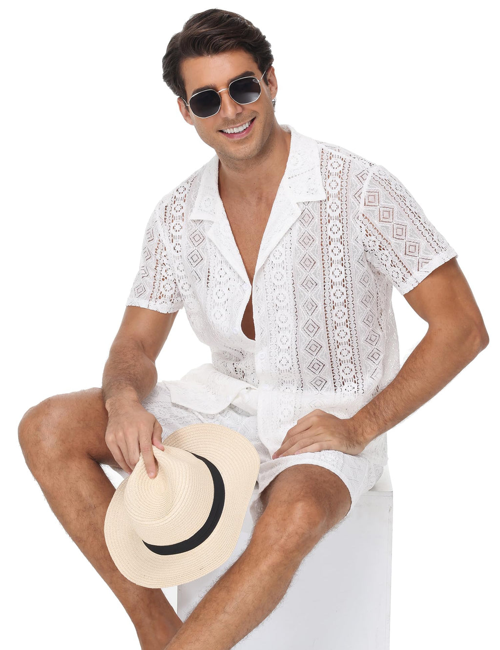 Men 2 Piece Shorts Set Sexy Lace Mesh Sheer Short Sleeve Summer Rave Outfit