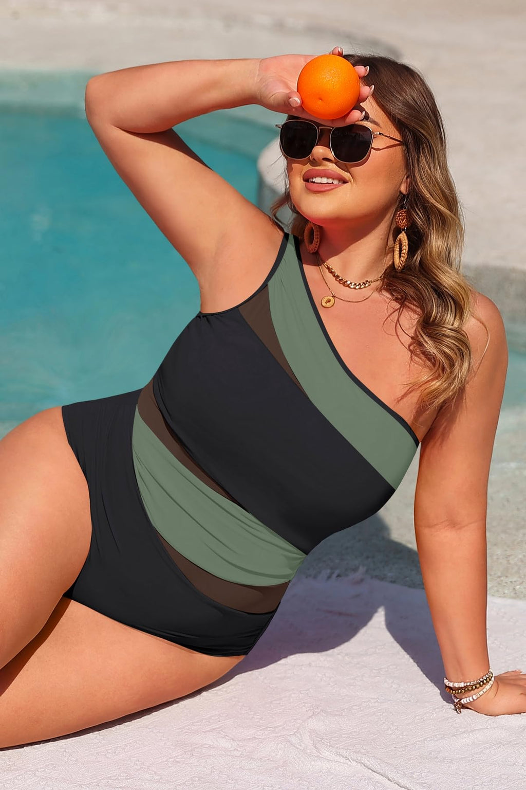 Plus Size One Piece Swimsuit for Women - One Shoulder Bathing Suit | Removable and Adjustable Strap, Detachable pads, Flatter midsection via front mesh, Drape diagonal folds to hide bulk