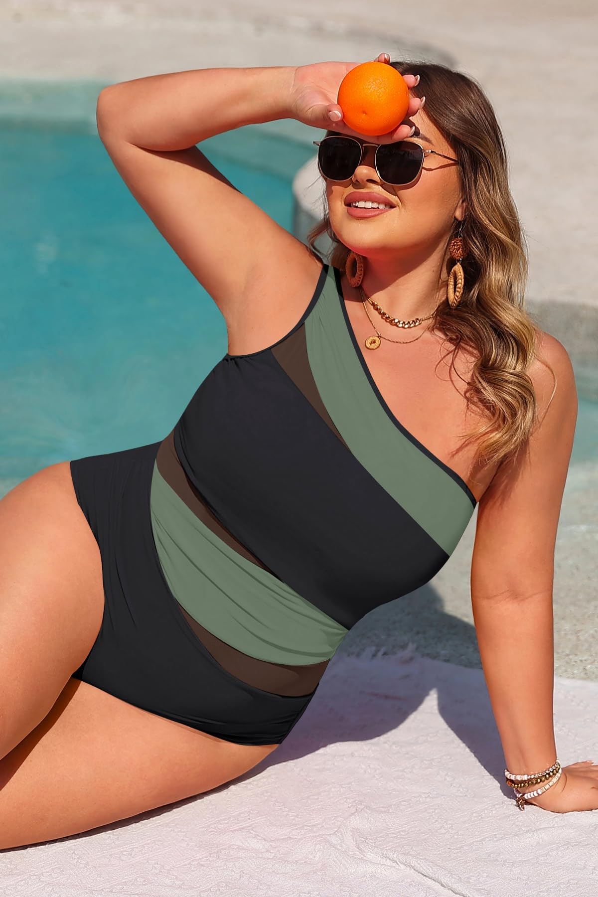 Plus Size One Piece Swimsuit for Women - One Shoulder Bathing Suit | Removable and Adjustable Strap, Detachable pads, Flatter midsection via front mesh, Drape diagonal folds to hide bulk