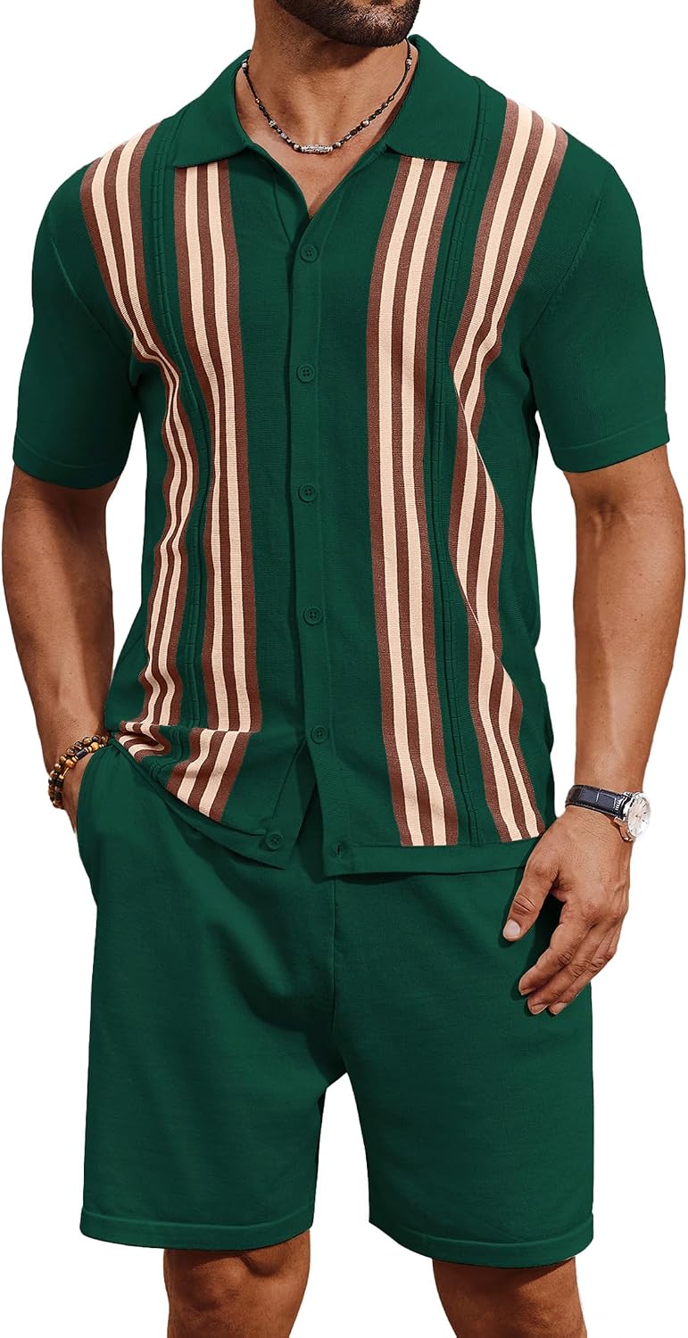 COOFANDY Men's 2 Piece Outfits Summer Short Sets Vintage Knit Button Down Shirt Short Sleeve Polo Casual Beach Suits