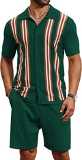 COOFANDY Men's 2 Piece Outfits Summer Short Sets Vintage Knit Button Down Shirt Short Sleeve Polo Casual Beach Suits