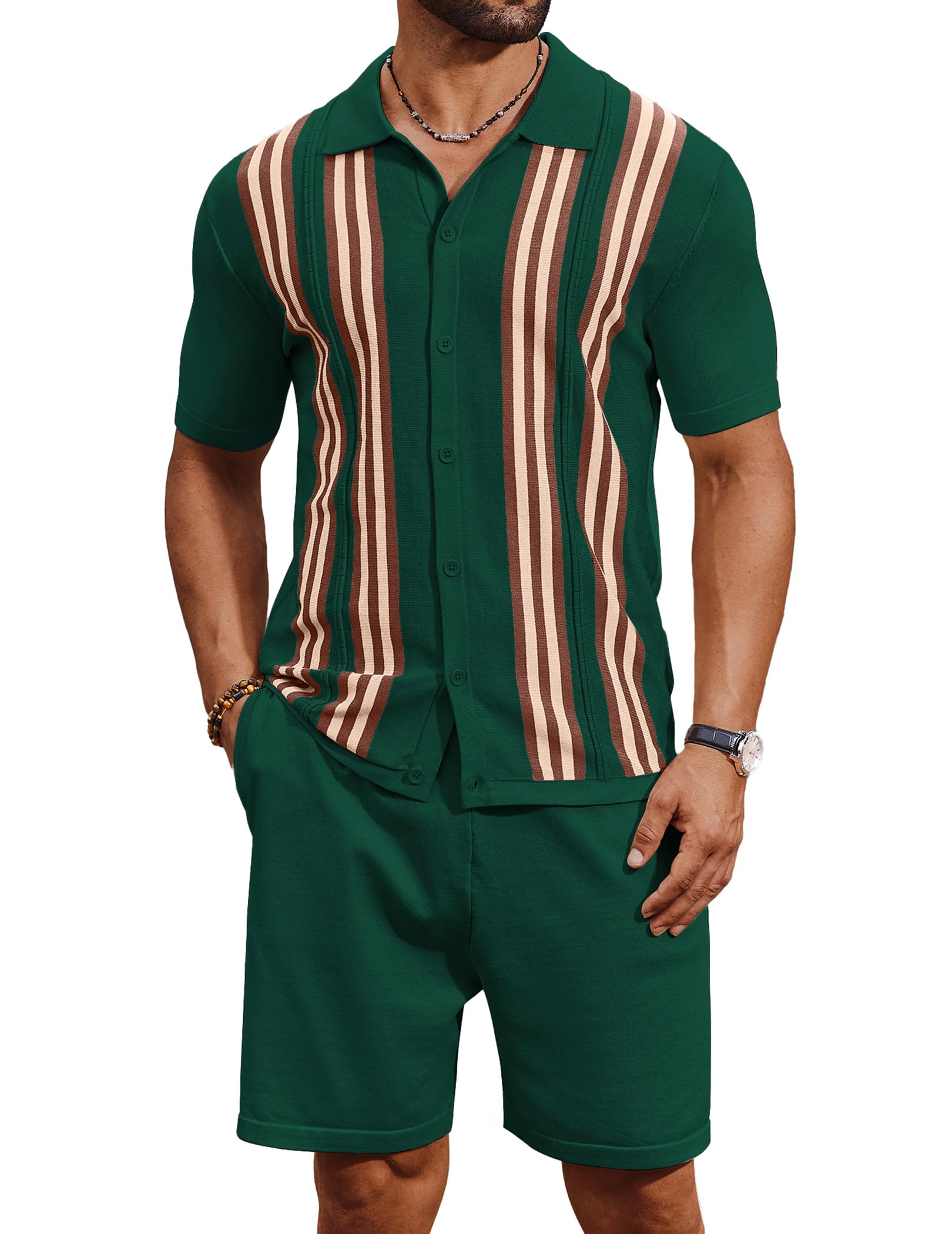COOFANDY Men's 2 Piece Outfits Summer Short Sets Vintage Knit Button Down Shirt Short Sleeve Polo Casual Beach Suits