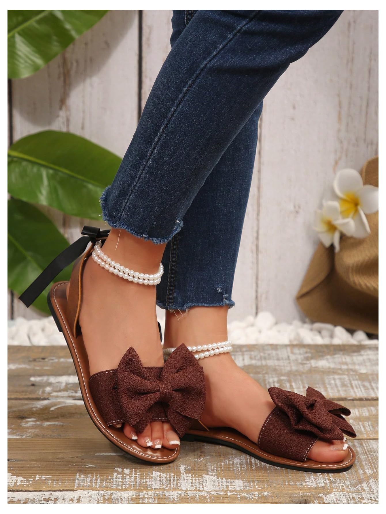 GORGLITTER Women's Bow Pearl Open Toe Ankle Strap Sandals Slippers Shoes | Sandals with Bow,Sandals Women Comfortable, Dressy Sandals Women, Y2k Dress Sandals for Women
