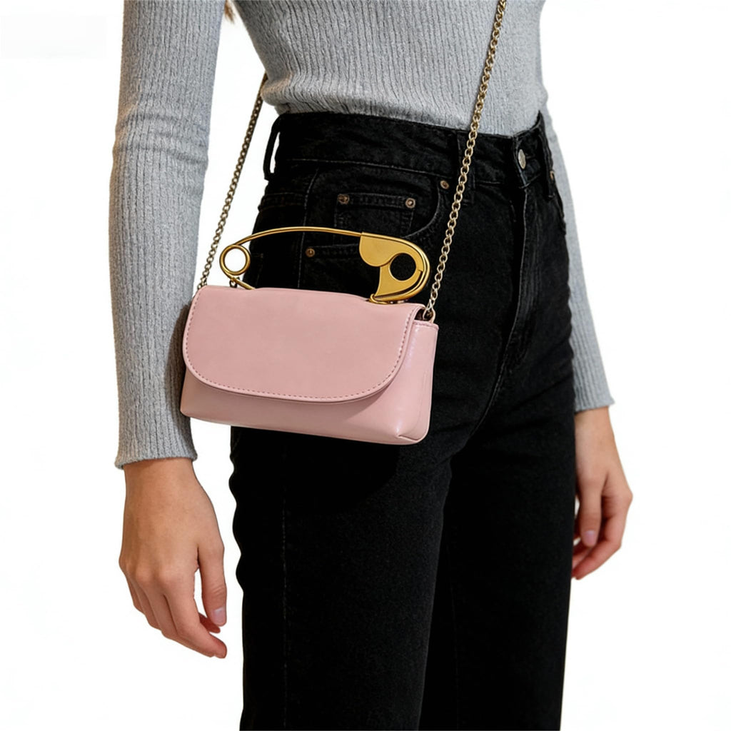 Women's Unique Safety Pin Crossbody Purse | Leather Clutch Bag Gold Handles Chain novelty clutch
