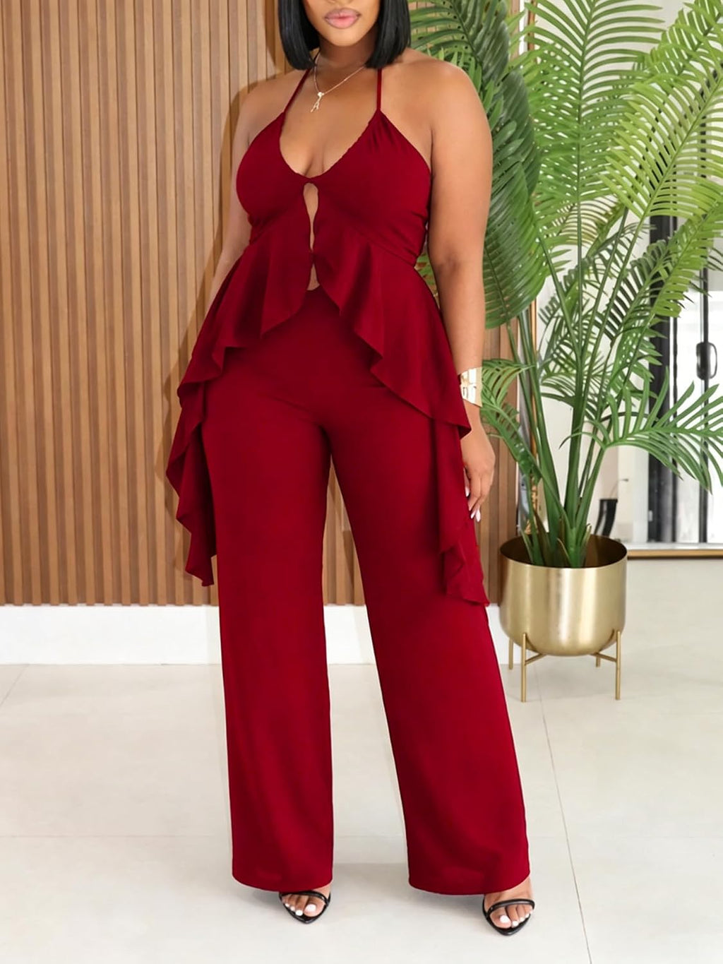 Women's Casual 2 Piece Set Sexy Sleeveless Backless Halter Neck Cutout Ruffled Tops Wide Legs Pants Outfits