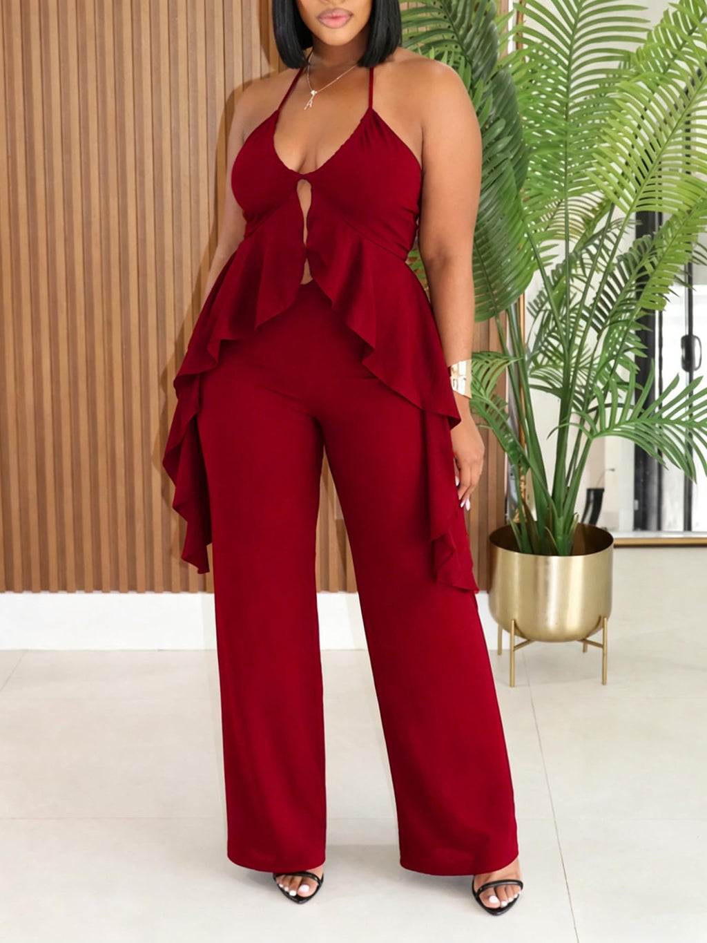 Women's Casual 2 Piece Set Sexy Sleeveless Backless Halter Neck Cutout Ruffled Tops Wide Legs Pants Outfits