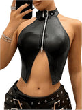 OYOANGLE Women's Leather Asymmetrical Halter Top | Y2k Backless Buckle Zipper Front Crop Tank Tops, Party, Rave Concert, Clubwear